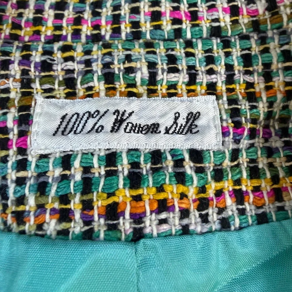 Ann May Womens 100% Silk Rainbow Tweed Cropped Blazer Gold Crest Buttons 10